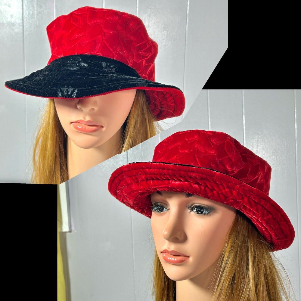 Womens New Orleans Kabuki Velvet Red Black Cloche Bucket Hat Tracy Thomson